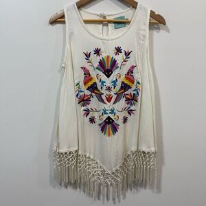 Judith March Floral Bird Motif Embroidered Boho Fringe Hem Tank Top Size S